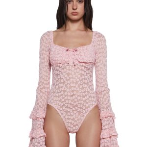 Womens Sheer Floral Lace Bodysuit Sugar Thrillz - Pink