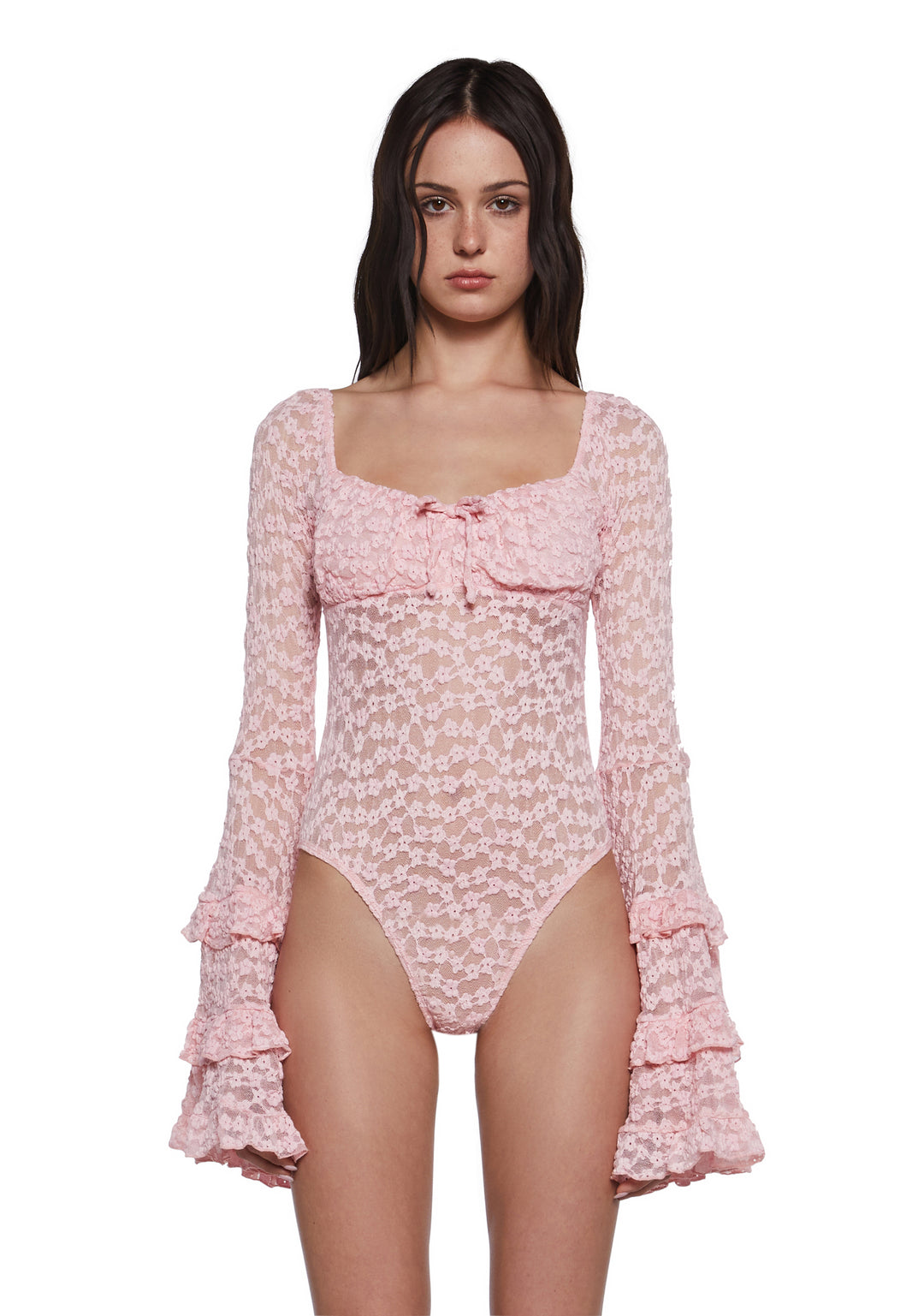 Womens Sheer Floral Lace Bodysuit Sugar Thrillz - Pink