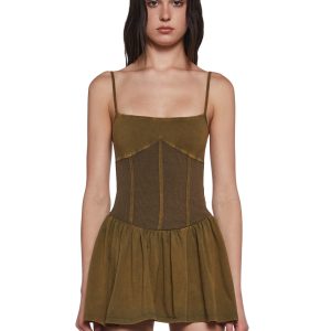 Womens Washed Cotton Ribbed Mini Dress Widow - Green