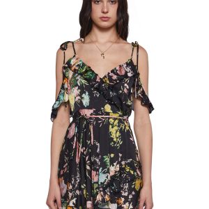 Womens Sheer Floral Chiffon Ruffled Wrap Dress Current Mood - Black