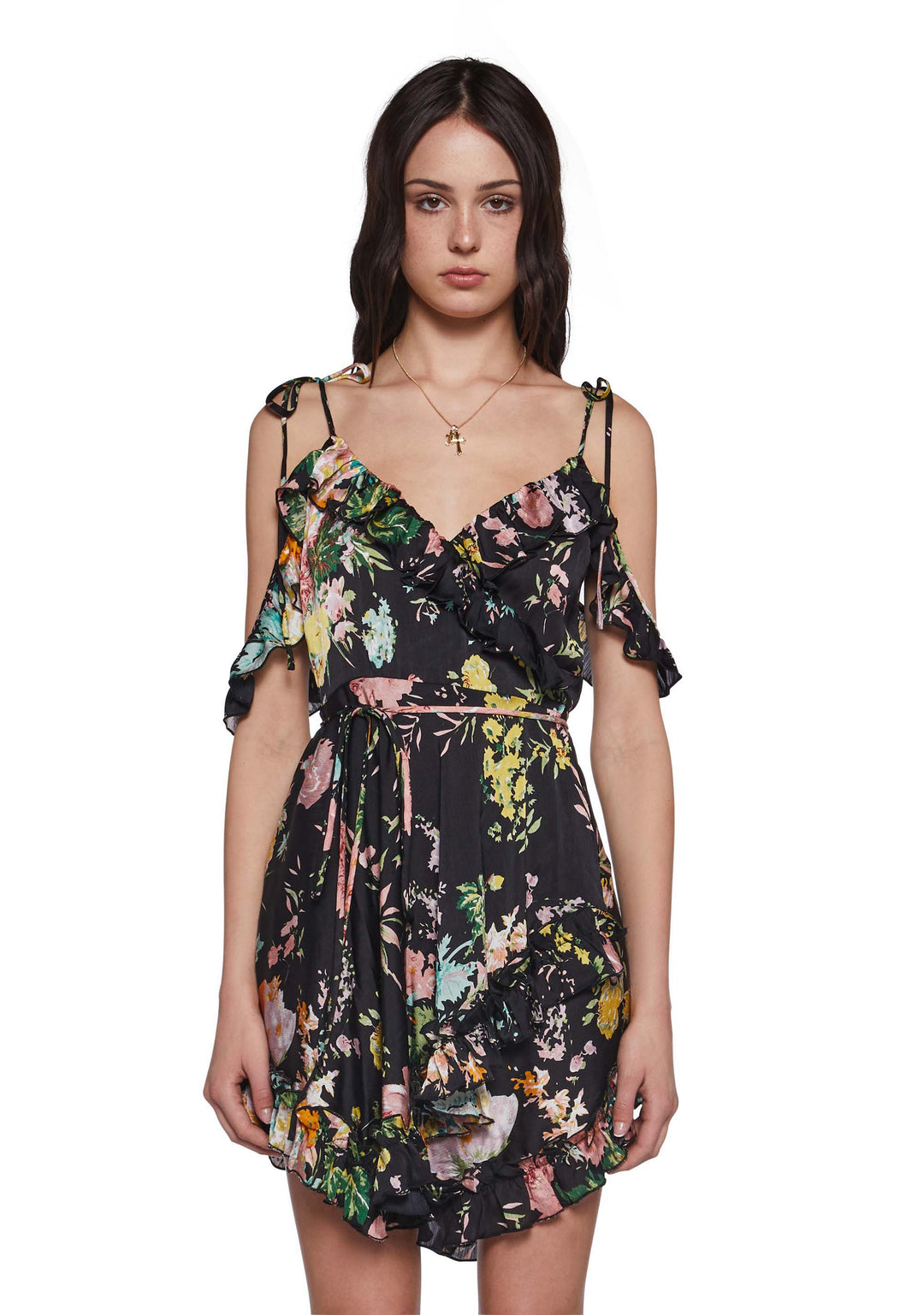 Womens Sheer Floral Chiffon Ruffled Wrap Dress Current Mood - Black