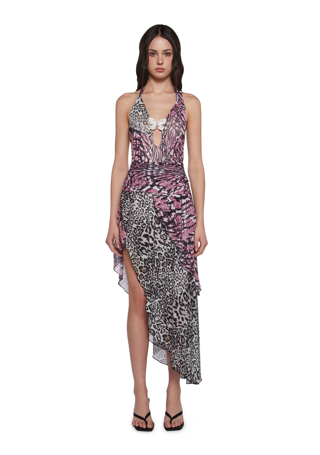 Womens Mixed Print Halter Dress With Butterfly Charm Generation Kiss - Multi