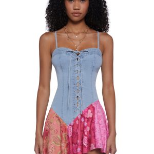 Womens Western Denim Mixed Pattern Mini Dress Sugar Thrillz - Multi