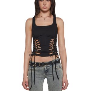 Womens Slashed Graphic Ruched Tank Top Current Mood - Black