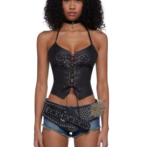 Womens Vegan Leather Rose Halter Top Current Mood - Black
