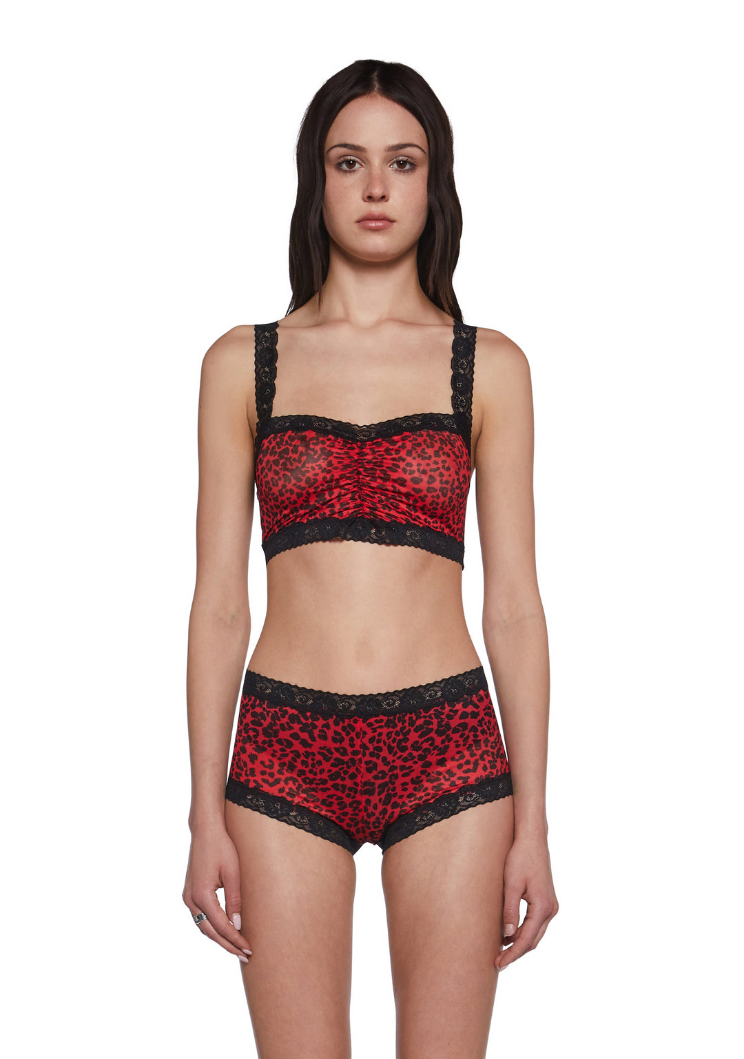 Womens Leopard Print Mesh Bralette And Boyshorts Set Widow - Red