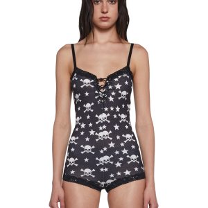 Womens Skull Print Romper Widow - Black