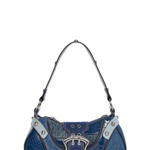 Vegan Leather Denim Patchwork Ball Stud Baguette Shoulder Bag Current Mood - Blue