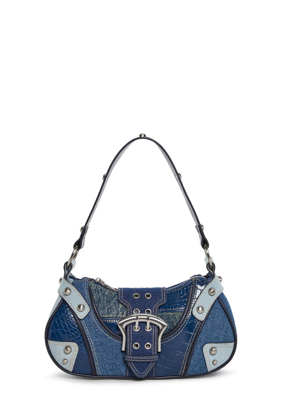 Vegan Leather Denim Patchwork Ball Stud Baguette Shoulder Bag Current Mood - Blue