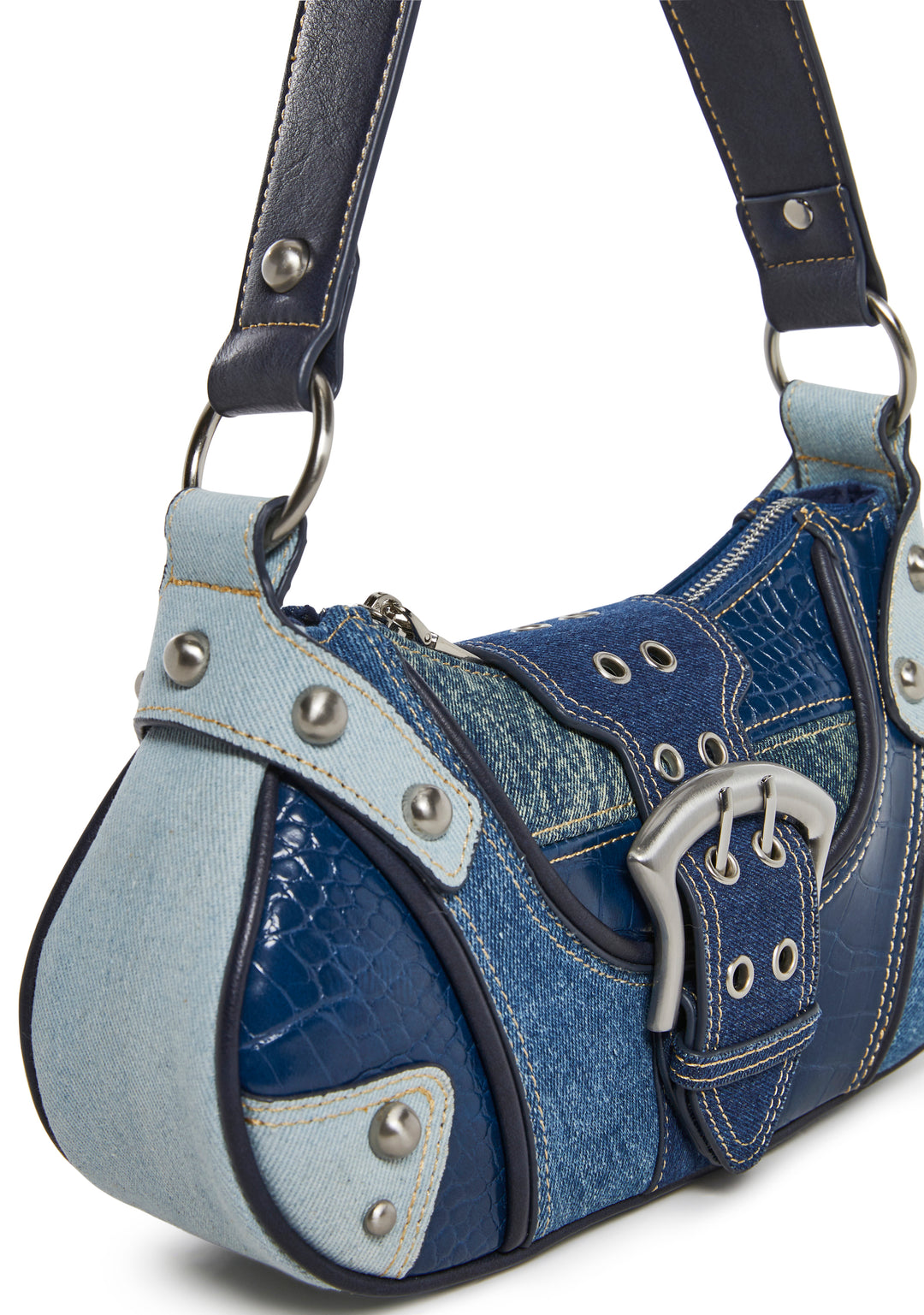 Vegan Leather Denim Patchwork Ball Stud Baguette Shoulder Bag Current Mood - Blue - Image 2