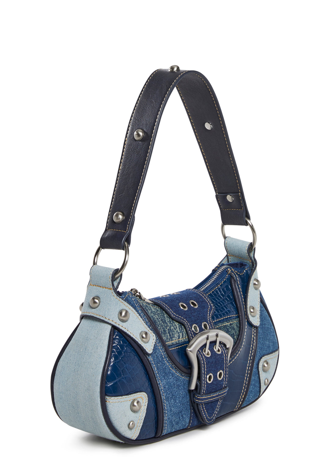 Vegan Leather Denim Patchwork Ball Stud Baguette Shoulder Bag Current Mood - Blue - Image 3