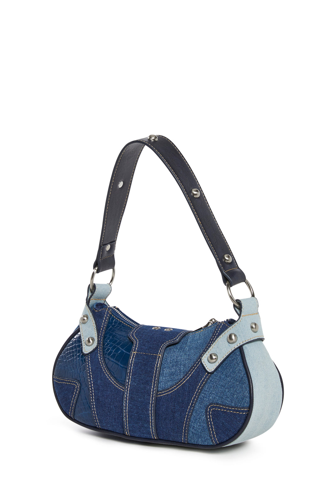 Vegan Leather Denim Patchwork Ball Stud Baguette Shoulder Bag Current Mood - Blue - Image 4