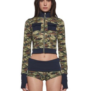 Womens Camo Print Long Sleeve Zip Up Sweater Generation Kiss - Green