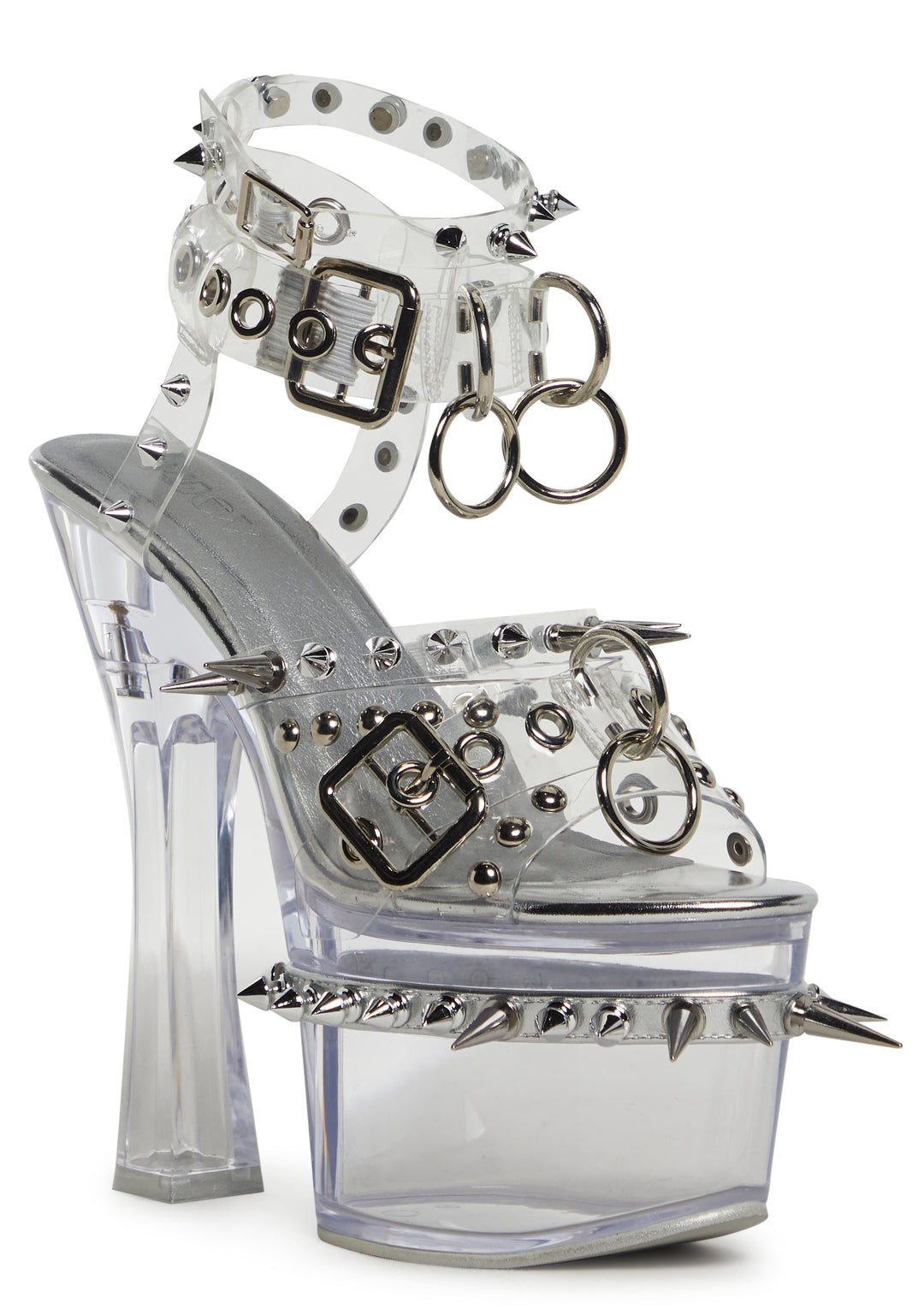 Spiked Patent Leather Clear Heel Peeptoe Platform Heels Widow - Silver - Image 2