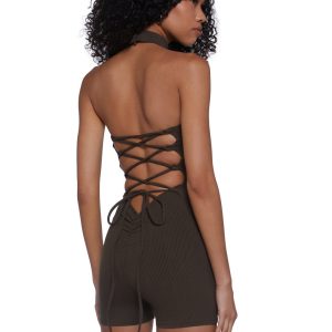 Womens Back Lace-Up Ribbed Romper - Brown