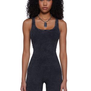 Womens Washed Knit Ribbed Cut Out Romper - Black