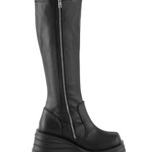 Demonia Morte-300 Platform Stretch Knee High Wedge Boots - Black