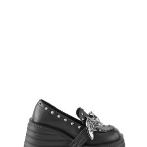 Demonia Morte-56 Platform Loafers With Bat Metal Deco - Black