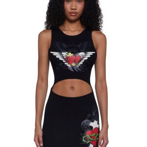 Ed Hardy Heart Wings Cut Out Ribbed Tank Dress - Black