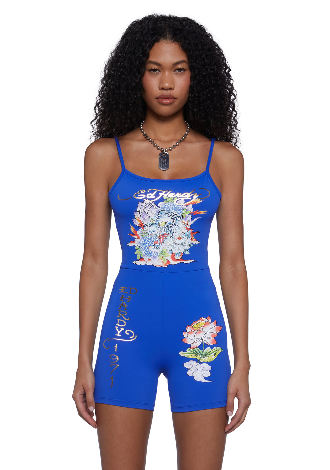 Ed Hardy Tiger Lotus Strappy Romper - Blue