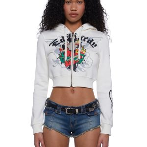 Ed Hardy Sared Heart Crop Hoodie - Off White
