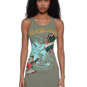 Ed Hardy Black Rose Ribbed Tank Dress - Green