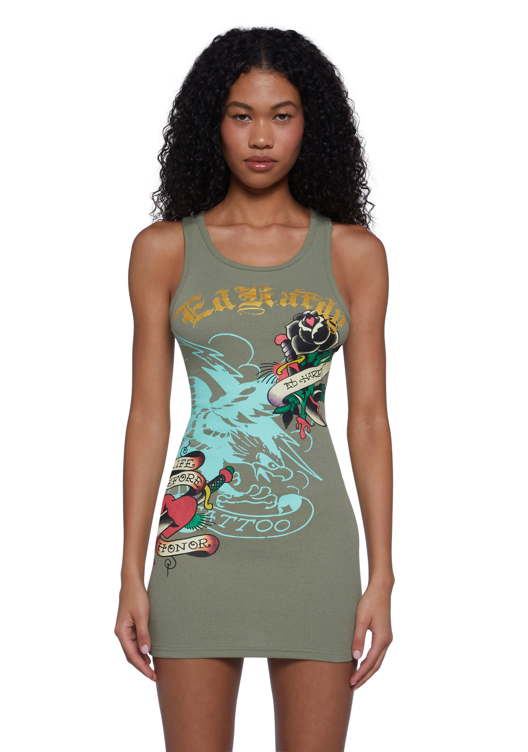 Ed Hardy Black Rose Ribbed Tank Dress - Green
