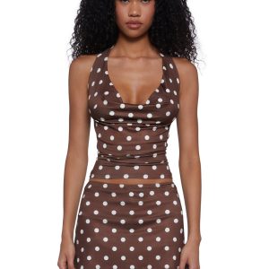 Womens Sexy Polka Dot Halter Top And Skirt Set - Brown