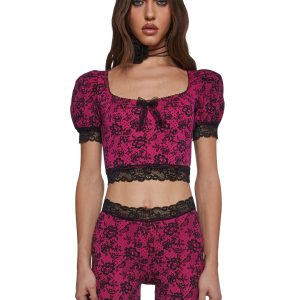 Betsey Johnson Lace Print Crop Top - Pink