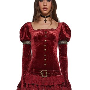 Betsey Johnson Crushed Velvet Medieval Mini Dress With Lace And Buckle - Red