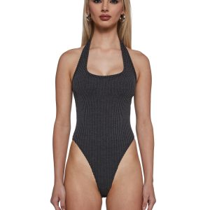 Womens Knit Ribbed Halter Bodysuit - Black