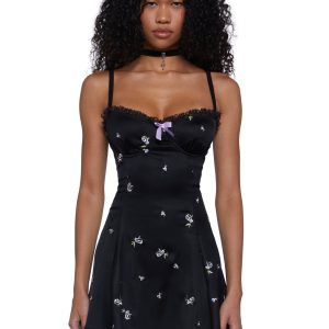 Widow Fairy Lace Embroidered Floral Mini Dress - Black