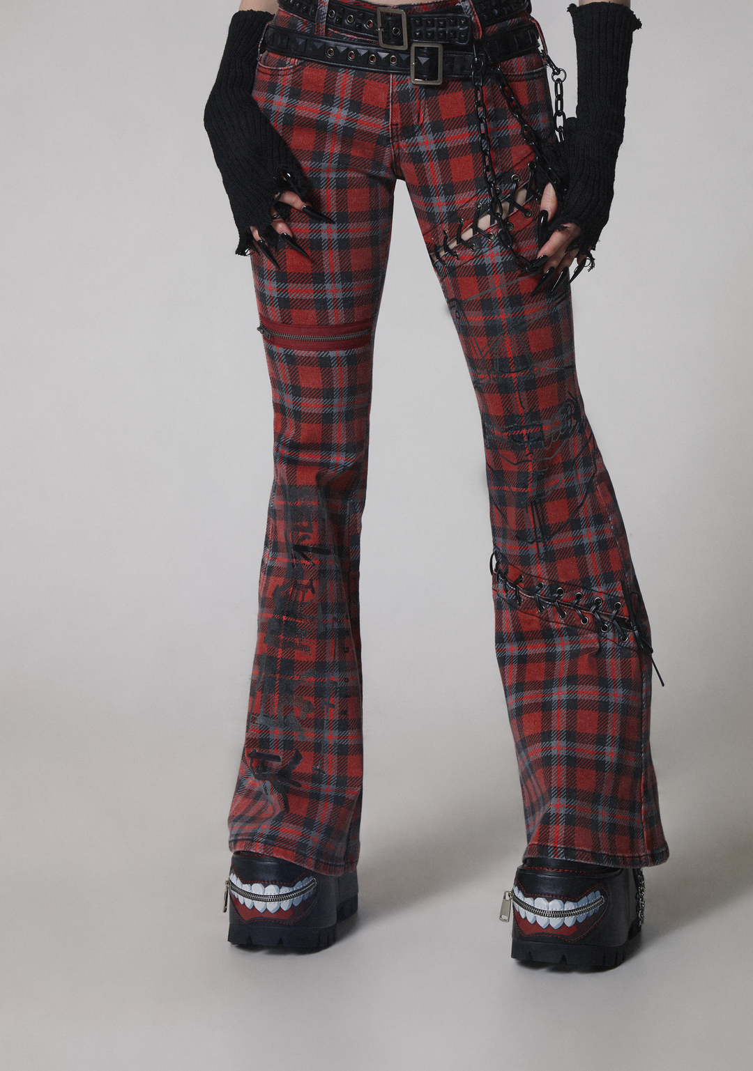 Dolls Kill x Tokyo Ghoul Plaid Flared Pants With Lace Up And Zippers - Red - Image 9