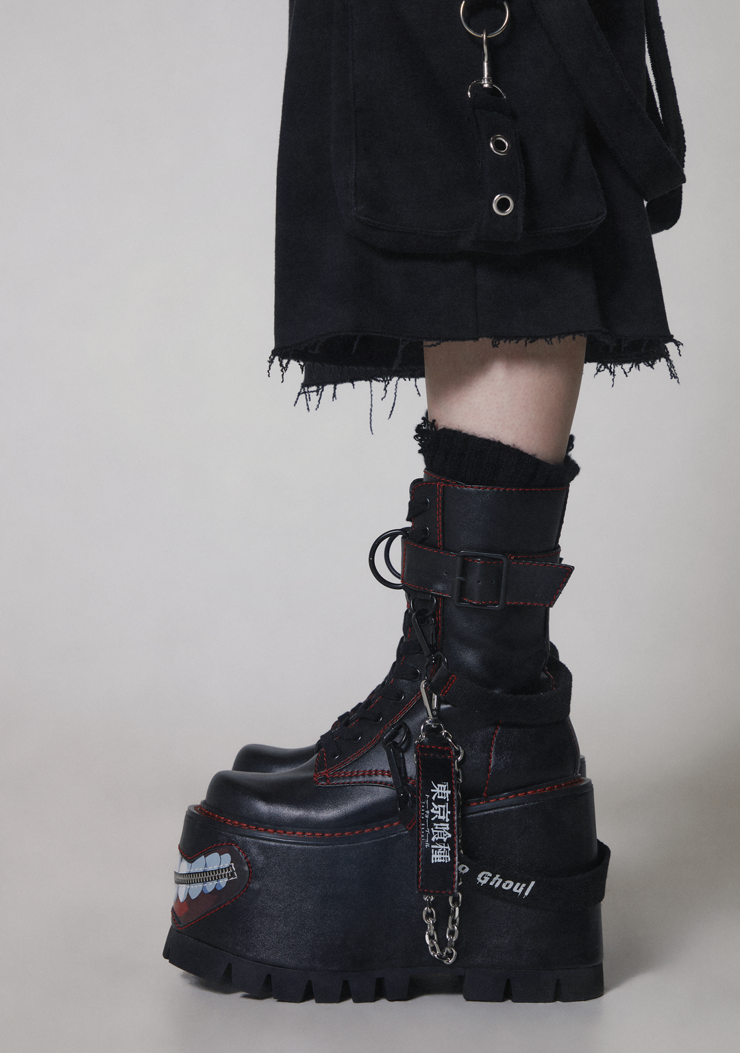 Dolls Kill x Tokyo Ghoul Platform Lace Up Boots With Kakuja Mouth - Black - Image 7