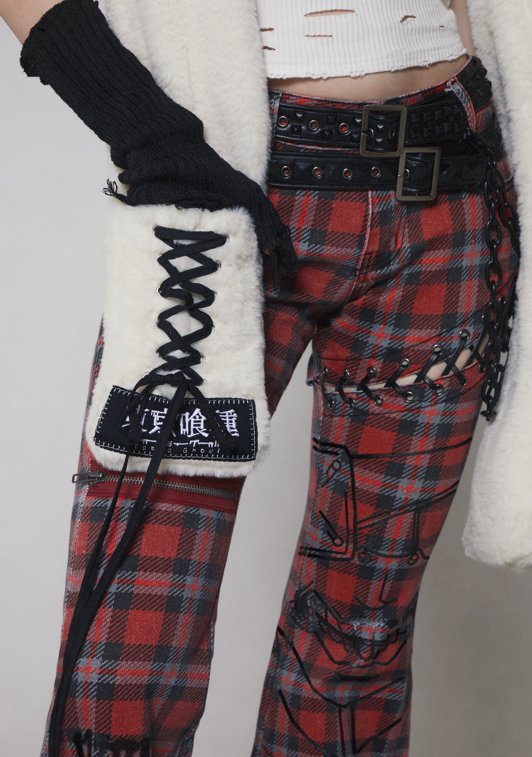 Dolls Kill x Tokyo Ghoul Plaid Flared Pants With Lace Up And Zippers - Red - Image 10