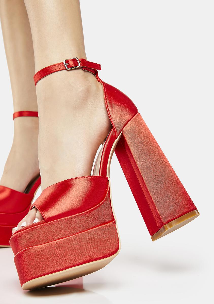 Satin Platform Heels With Buckle Closures - Red - Image 3