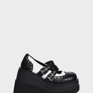 Demonia Studded Buckle Platform Mary Janes - Black/White