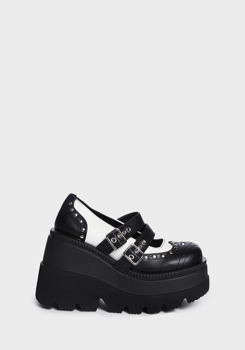 Demonia Studded Buckle Platform Mary Janes - Black/White