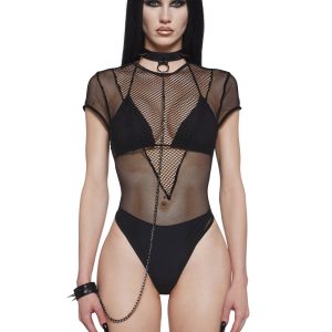 Womens Sheer Fishnet Bodysuit With Collar And Cuff Widow - Black