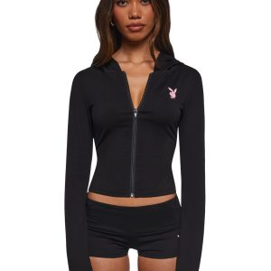 Dolls Kill x Playboy Zip Up Fitted Hoodie - Black