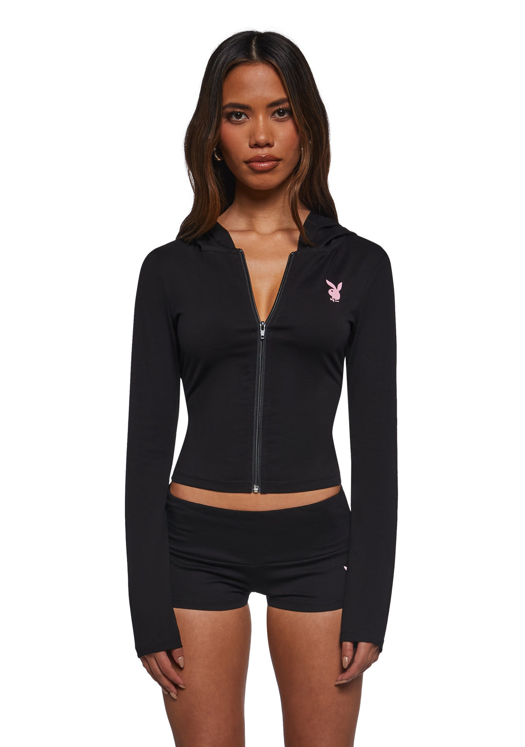 Dolls Kill x Playboy Zip Up Fitted Hoodie - Black