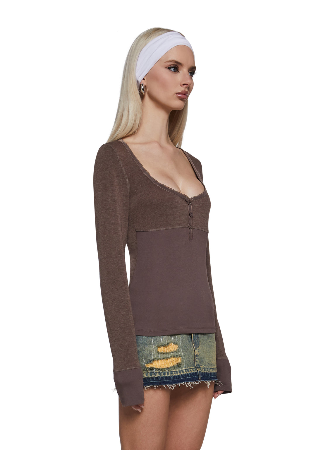 Long Sleeve Ribbed Henley Top - Gray - Image 4