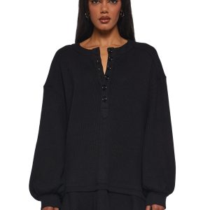 Womens Waffle Knit Thermal Trapeze Mini Dress Current Mood - Black