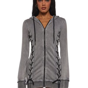 Womens Washed Hoodie Dress With Lace Up Current Mood - Black