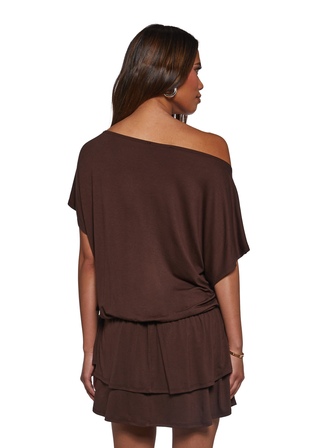 Womens Off The Shoulder Dress - Brown - Image 4