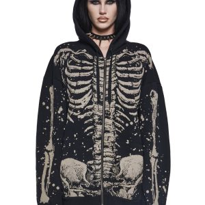 Womens Halloween Skeleton Graphic Hoodie Trickz N Treatz - Black