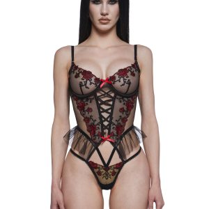 Roma Blossom Beauty Peplum Lingerie Set - Black