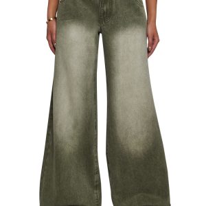 Womens Washed Denim Wide Leg Jeans Current Mood - Green