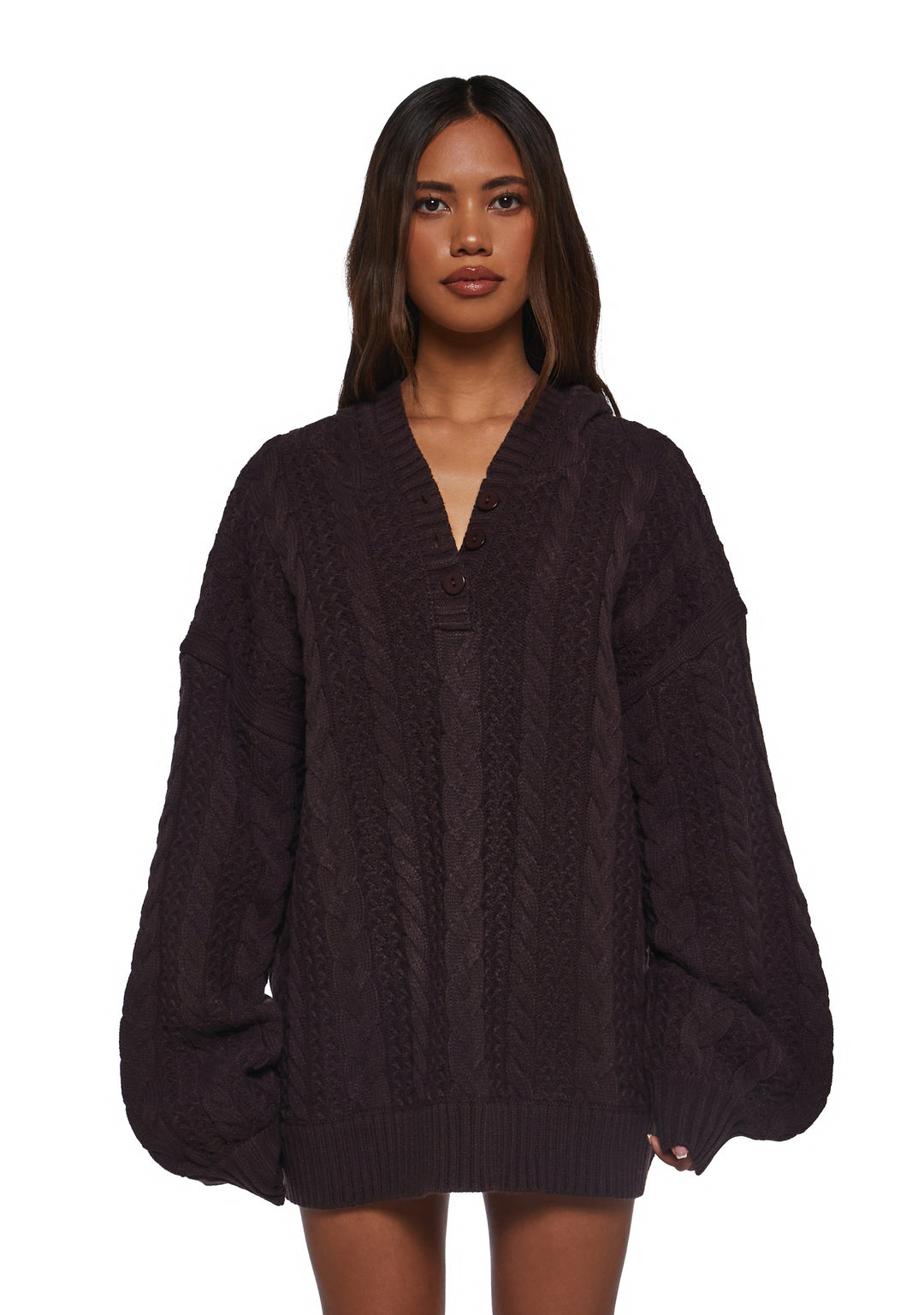 Womens Chunky Knit Pullover Hoodie Current Mood - Purple - Image 6