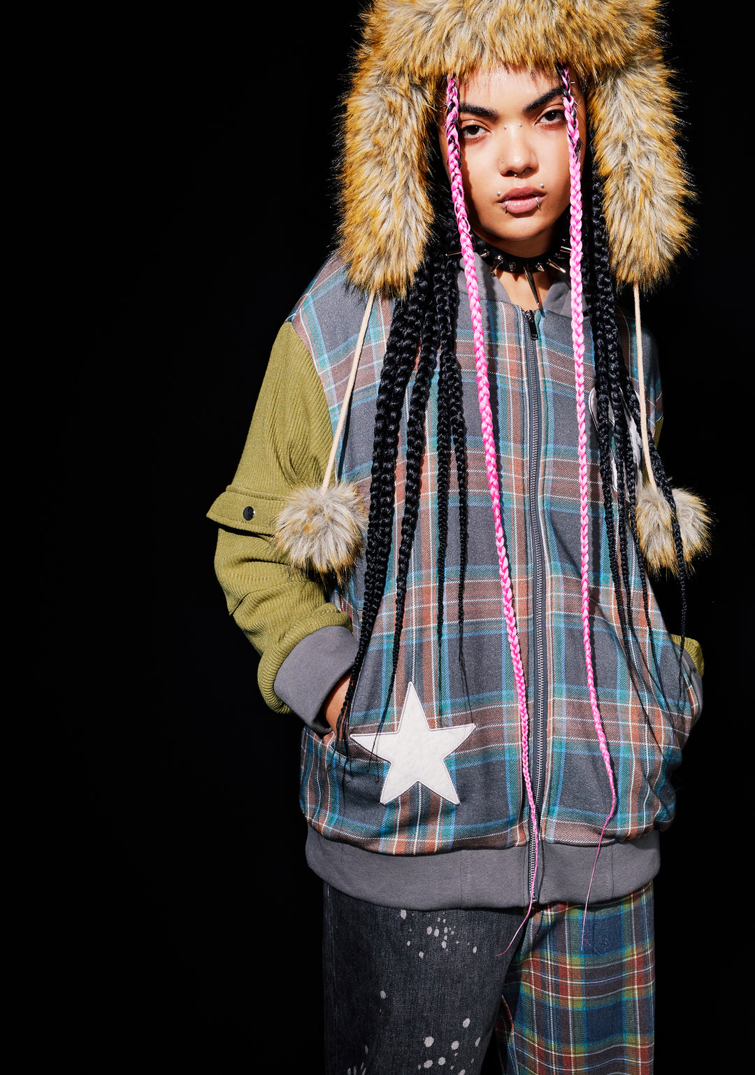 Womens Sexy Plaid Hoodie With Skull And Star Graphics 90s Y2K Current Mood - Multi - Image 8